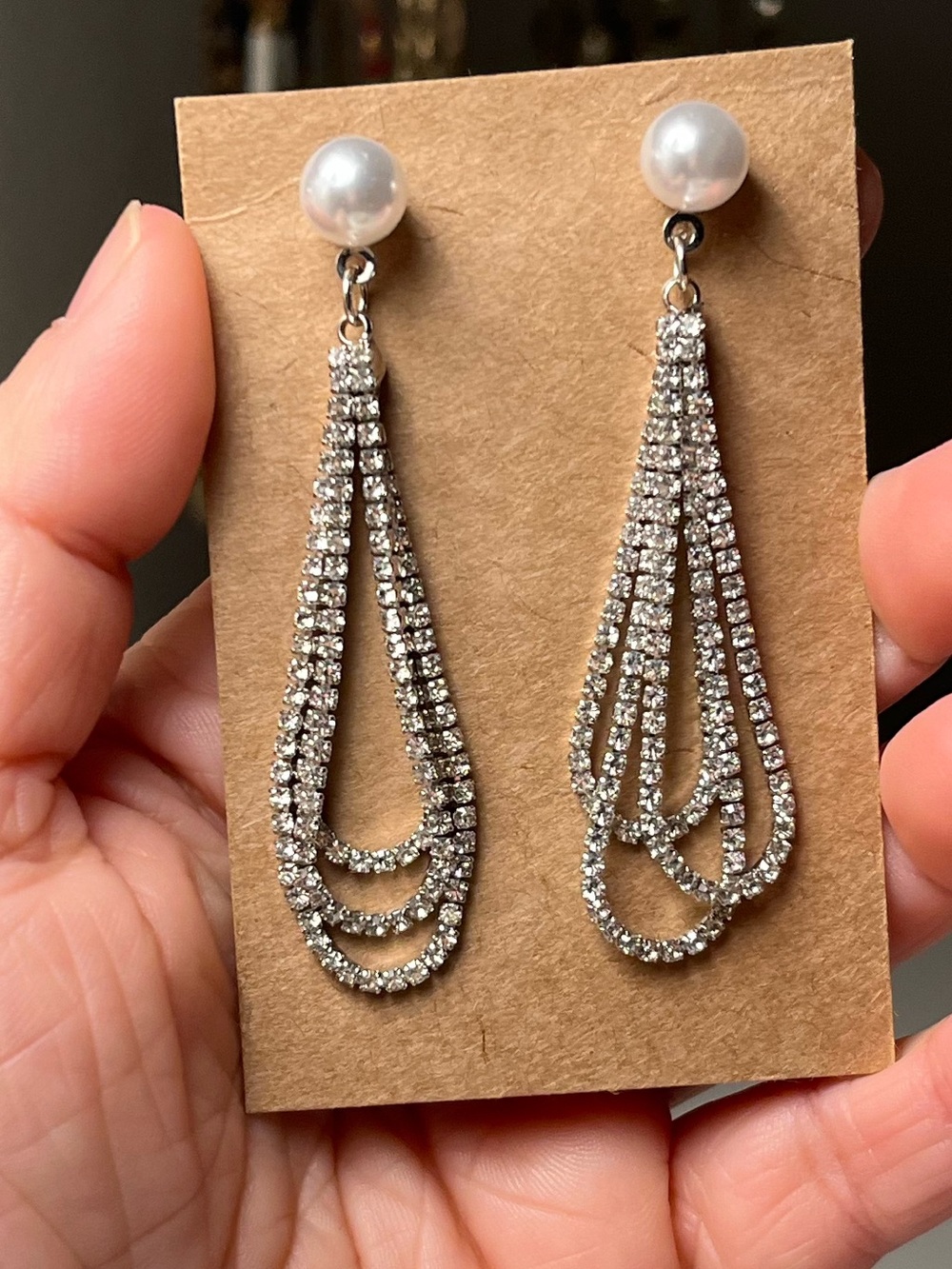 Silver Tone Stone Faux Pearl Teardrop Earrings